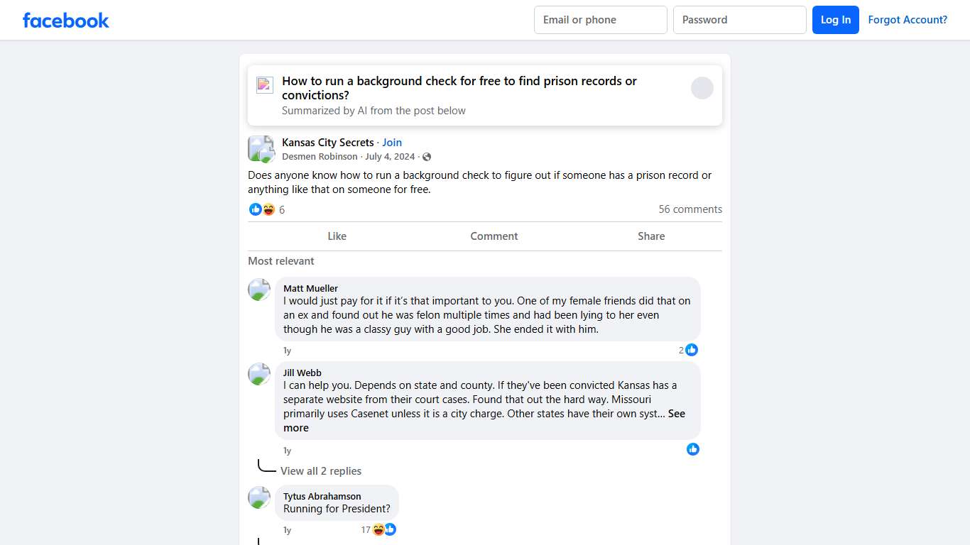 Kansas City Secrets | Does anyone know how to run a background check to figure out if someone has a prison record or anything like that on someone for free. | Facebook